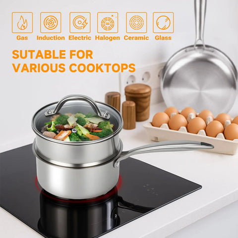 Tri Ply Stainless Steel Sauce Pan With Steamer Basket 1.5 Quart Induction Ready Nonstick Pot on induction cooktop