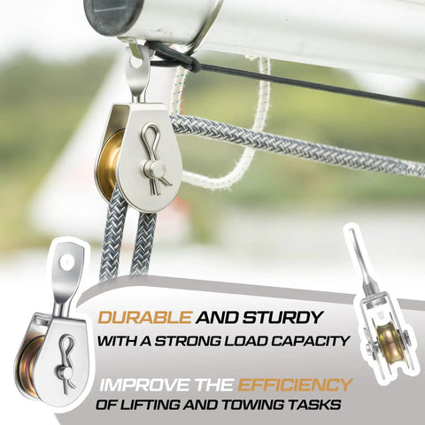 8 Pack Single Pulley Block Wheel 4 Inch Heavy Duty Zinc Plated Iron 360 Degree Swivel Pulley Roller For Three Eighths Inch Cable Wire Rope Lifting Rigging And Towing Working Load 420 Lbs attached to cable system