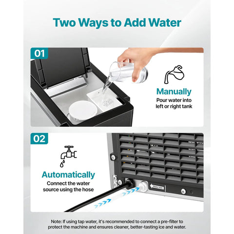 Effortless Countertop Water Dispenser And Rapid Ice Maker showing manual and automatic water addition methods for easy use.