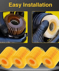 Engine Oil Filter Set For Toyota And Lexus Vehicles Four Pack No Fuss Fit Camry Highlander RAV4 Sienna Tacoma And More Replaces 04152 YZZA1 04152 YZZG1 04152 31090 displayed with close-up installation views.