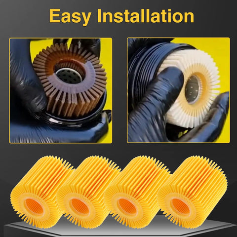 Engine Oil Filter Set For Toyota And Lexus Vehicles Four Pack No Fuss Fit Camry Highlander RAV4 Sienna Tacoma And More Replaces 04152 YZZA1 04152 YZZG1 04152 31090 displayed with close-up installation views.