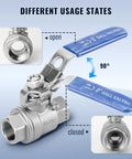 Two Pack 3/8 Inch Stainless Steel Ball Valves NPT Female Full Port With Locking Handle showing open and closed states