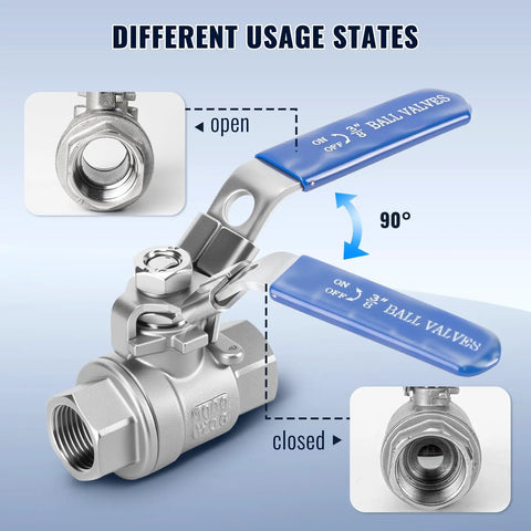 Two Pack 3/8 Inch Stainless Steel Ball Valves NPT Female Full Port With Locking Handle showing open and closed states