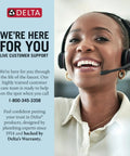 Customer support representative with headset, Delta logo and contact information displayed on the image.