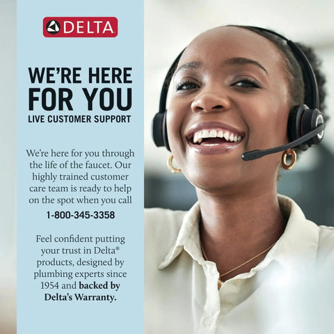 Delta live customer support representative smiling with headset, offering assistance for product inquiries.