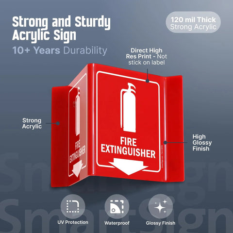 Projecting Fire Extinguisher Sign With Down Arrow, Two Sided Wall Mount Corridor V Sign, Polished Acrylic White On Red, 5x6 Inches