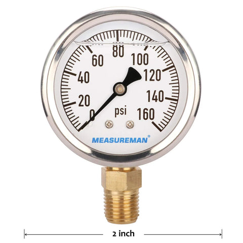 Front view of MeasureMan RV water pressure gauge, 2-inch dial, 0-160 psi, brass 1/4 NPT lower mount, stainless steel case