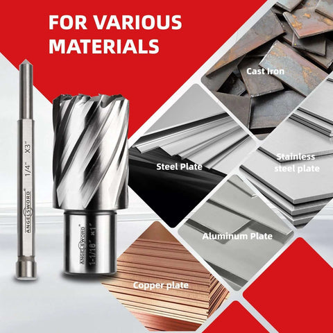 Front view of Angelsword HSS annular cutter set, 14 pcs, with large cutter and drill shank.