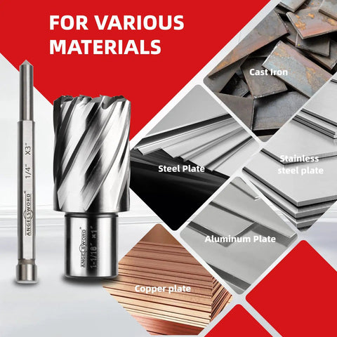 Heavy Duty M2 High Speed Steel Annular Cutter 9 By 16 Inch With 1 Inch Cut Depth And Weldon Shank For Magnetic Drill Press Includes Pilot Pin on various materials.