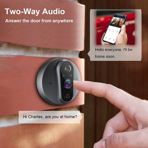 Peephole Doorbell Camera With 1080P HD Video, Dope Night Vision, mounted on brick wall showing two-way audio feature.