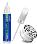 Wheel Repair Kit With Touch Up Paint For Curb Rash And Scratches In Light Silver, pen and silver rim on white background