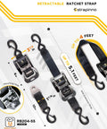 Heavy Duty Stainless Steel Retractable Ratchet Straps For Boat, 2 Pack, 1 7/8 Inch By 4 Foot Marine Tie Downs shown with details
