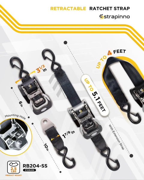 Heavy Duty Stainless Steel Retractable Ratchet Straps For Boat, 2 Pack, 1 7/8 Inch By 4 Foot Marine Tie Downs shown with details