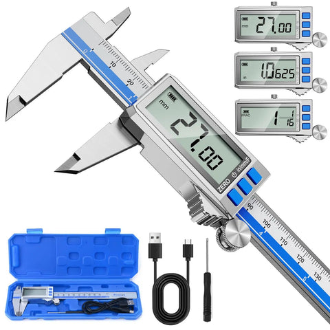 Type C Rechargeable 6 Inch Digital Caliper With Stainless Steel Vernier, IP54 Protection, large LCD, USB cord, and case