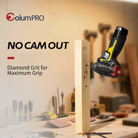 Cordless drill using Diamond Grit PH2 Screwdriver Bit Set on wood, showcasing anti-slip grip and grip strength in a workshop setting.