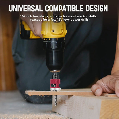 Drilling wood with 7-Piece Countersink Drill Bit Set With M2 HSS And 1/4-Inch Hex Shank, 82-Degree Heads for woodworking.