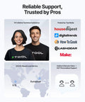 Customer support image showing two people wearing XTool shirts, top media logos, world map with US and EU service locations.