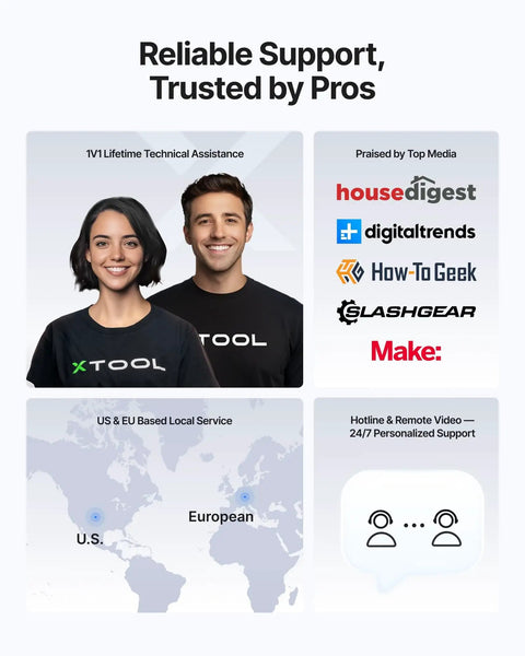 Two people wearing branded "XTOOL" shirts, logos of media outlets, and maps indicating US and EU based local service support.