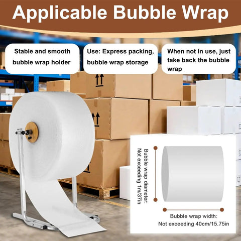 Heavy Duty Foldable Bubble Wrap Dispenser And Cushioning Roll Holder With Rock Solid U Base, showcasing bubble wrap on a smooth holder.