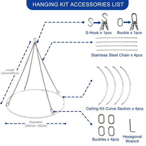 24 Inch Round Ceiling Canopy Hoop Hardware Kit White Metal For Ceiling Drape Hanging Ring with accessories shown