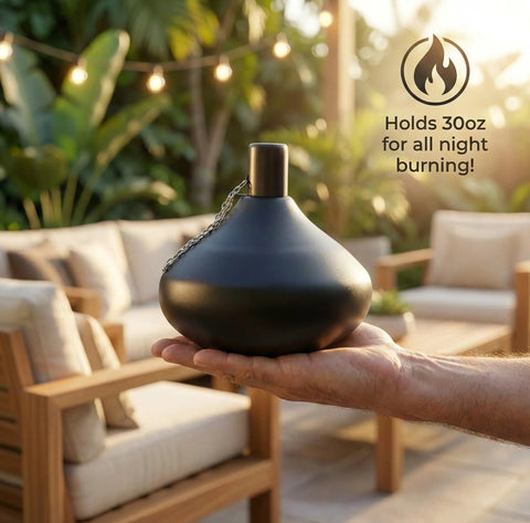 Person holding citronella tabletop torch candles for outdoor patio and deck, 30oz stainless steel mosquito repellent torches in black finish