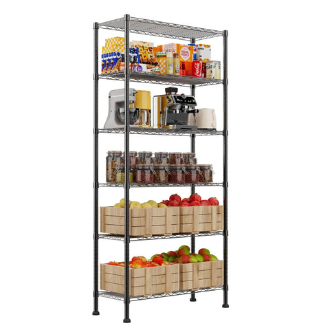 Heavy Duty Wire Storage Rack With Adjustable Shelves Built Like A Tank For Laundry Room Kitchen Pantry Closet Organization Solid Metal Shelf Unit Organize Home Setup Zero Drama In Sleek Black with food items on shelves.