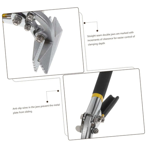 Close-up of metal seamer and edge seamer pliers for standing seam roofing, showing non-slip handle and durable steel jaws.