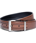 Dual Sided Leather Belt With Perforated To Smooth Reversible Strap Edge Piping And Single Stitch Detail For All Day Everyday Wear Matte Gunmetal And Brushed Nickel Buckle With Laser Logo Reversible Tech And Hole Reinforcer 35mm Tan Black shown coiled with buckle visible