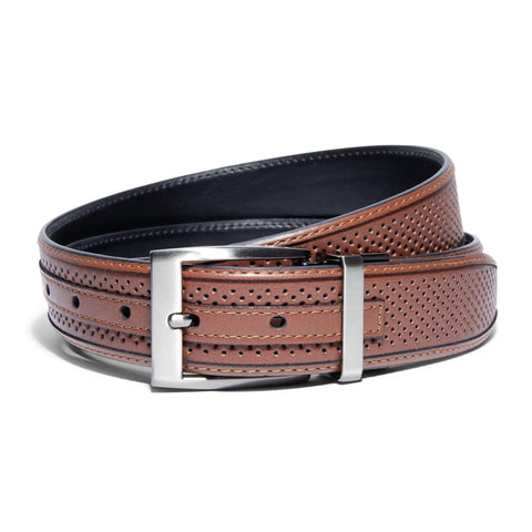 Dual Sided Leather Belt With Perforated To Smooth Reversible Strap Edge Piping And Single Stitch Detail For All Day Everyday Wear Matte Gunmetal And Brushed Nickel Buckle With Laser Logo Reversible Tech And Hole Reinforcer 35mm Tan Black shown coiled with buckle visible