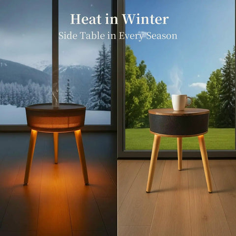 Fast 1500W PTC Ceramic Space Heater With Side Table Design in winter with cup, remote control, cozy heating for bedroom.