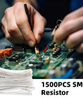 Person using 1500 Pcs 0805 Smd Resistor Kit With 60 Values From 0R To 10M Ohms, 1% Tolerance Thick Film Chip Resistors for DIY project