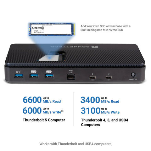 Rock Solid Thunderbolt 5 SSD Dock With Four Thunderbolt Links Plus Extra Ports For Smooth 8K Grind And Flat Out Speeds Using 4TB Kingston PCIe NVMe Storage showing ports and specifications.