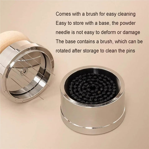 Dope Espresso Coffee Tamper Set With Self Leveling Distributor And Wdt Tool For Dead On Puck Prep Calibrated 58 Mm Pro Grade Tamper With Silicone Mat showing storage base and cleaning brush.