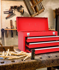 Lockable Red Steel Tool Chest With Three Drawers And Top Tray Portable Toolbox For Home Garage Workshop And Repair Shop Heavy Duty Tool Organizer Tough As Nails Metal Cabinet For Tools And Gear, red steel chest in workshop