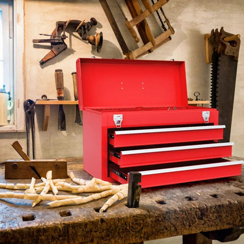 Lockable Red Steel Tool Chest With Three Drawers And Top Tray Portable Toolbox For Home Garage Workshop And Repair Shop Heavy Duty Tool Organizer Tough As Nails Metal Cabinet For Tools And Gear, red steel chest in workshop