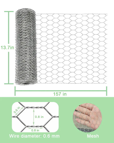 Heavy Duty Hot Dipped Galvanized Chicken Wire Mesh Roll showing 13.7in tall and 157in length with 0.8 inch hex grid for yard security.