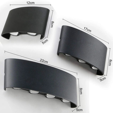 Three sizes of Modern LED Outdoor Wall Light IP65 Waterproof With Backing Plate 8W 86-265V AC Warm White 3000K aluminum surface mount.