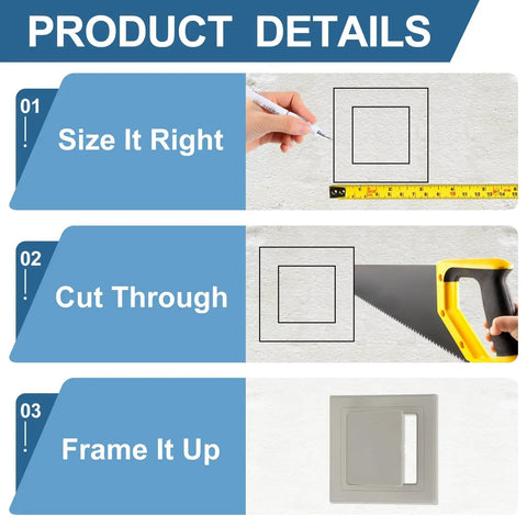 Straight Up Durable Two Pack Self Adhesive Access Panels For Drywall Walls Easy Peel Off Setup ABS Hole Covers For Plumbing Pipes And Electrical Wiring Light Grey, installation steps shown.