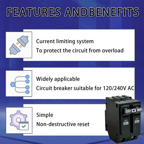 2 Pole 50 Amp Circuit Breaker For 120 And 240 Volt Panels With Standard Plug In Mount And Thermal Magnetic Protection