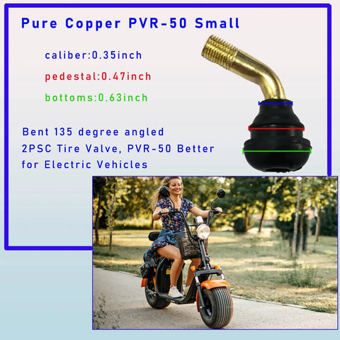 Two Pack PVR50 Valve Stem Set Bent 135 Degree Angled Snap In Tubeless Tire Valve Stems Brass With Rubber Base Universal Rim Replacement For Motorcycle Scooter ATV