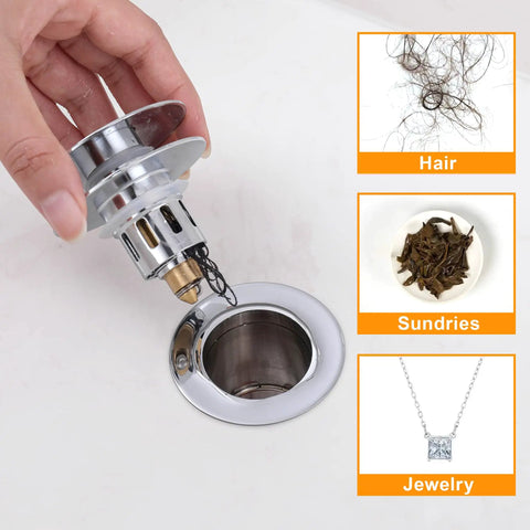 Hand holding Pop Up Sink Stopper with stainless steel filter for 1.1-1.5 inch drains next to hair, sundries, jewelry samples.