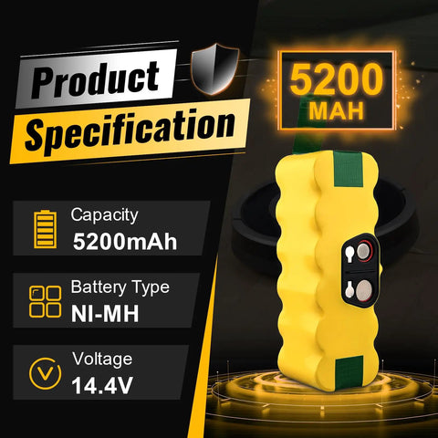 Roomba Replacement Battery 14.4V 5200mAh NiMH Two Pack For iRobot Roomba R3 And 500 600 Series Models, yellow battery shown.