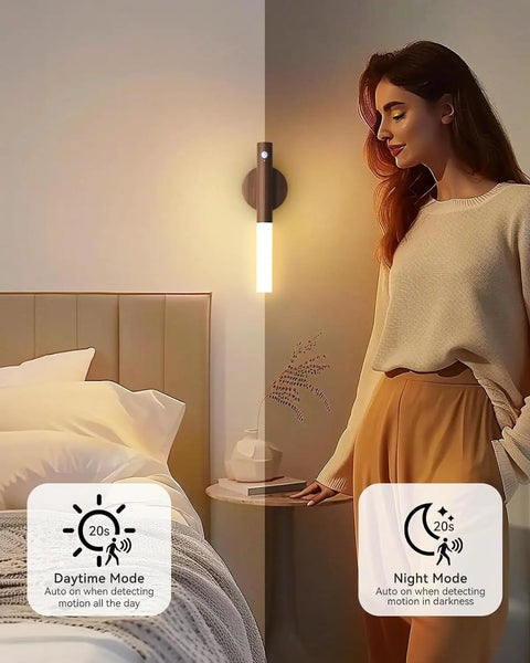 Indoor Wall Sconce Equipped With Smart Motion Detection And An Extra Large 2200mAh Rechargeable Battery beside a bed in a cozy setting.