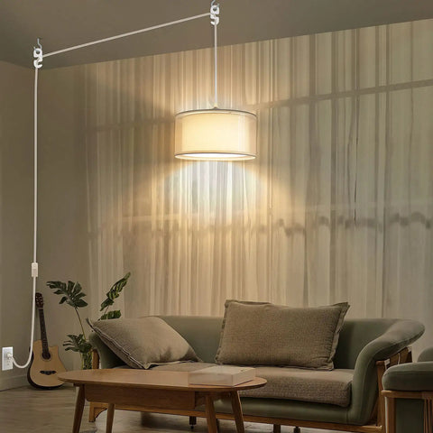 Plug In Pendant Light With 15 Foot White Cord And On Off Switch Double Linen Shade Fabric Design For Soft Warm Glow
