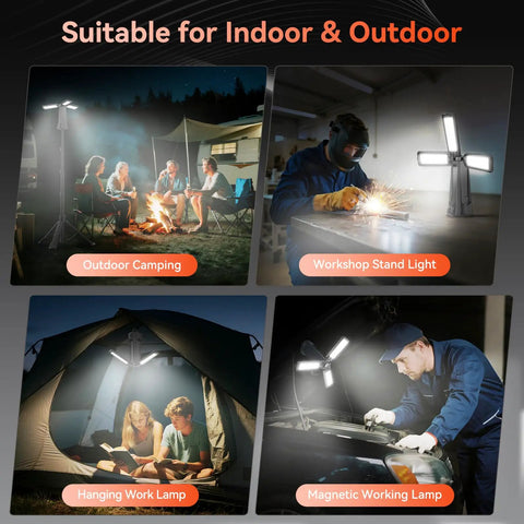 Rechargeable Camping Light With Stand Cordless Work Light With Three Led Heads And 5500 Lumens Dimmable Brightness 15000mAh Battery