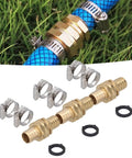 3/4 Inch Garden Hose Repair Connector Set, Brass Fittings For 3/4 Or 5/8 Inch Hoses, Leak Proof Threaded Joint, Quick Fix For Leaks, Watering Or Irrigation, Includes Washers displayed with hose clamps and washers