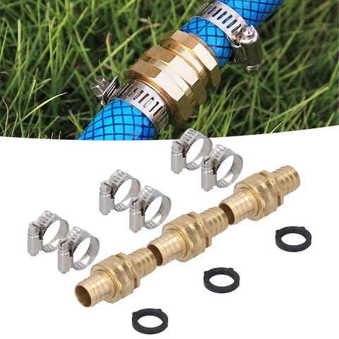 3/4 Inch Garden Hose Repair Connector Set, Brass Fittings For 3/4 Or 5/8 Inch Hoses, Leak Proof Threaded Joint, Quick Fix For Leaks, Watering Or Irrigation, Includes Washers displayed with hose clamps and washers