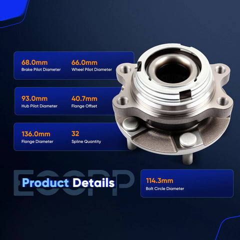 Front Wheel Hub Bearing Assembly 513296 With ABS for Infiniti JX35 2013, QX50 2019, QX60 2014 shown with dimensions and specifications.