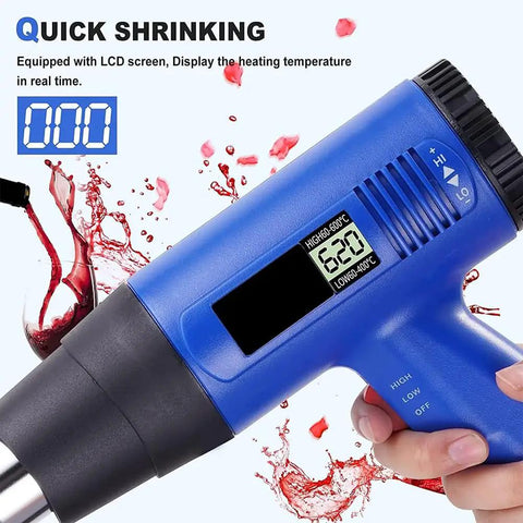 Heavy Duty 50Mm PVC Capsule Heat Shrink Gun With Digital Display And Adjustable Speed Control showing LCD screen and blue design.