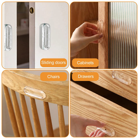 Clear PU self-adhesive recessed finger pulls 4 pack on sliding doors, cabinets, chairs, and drawers for durable and waterproof use.